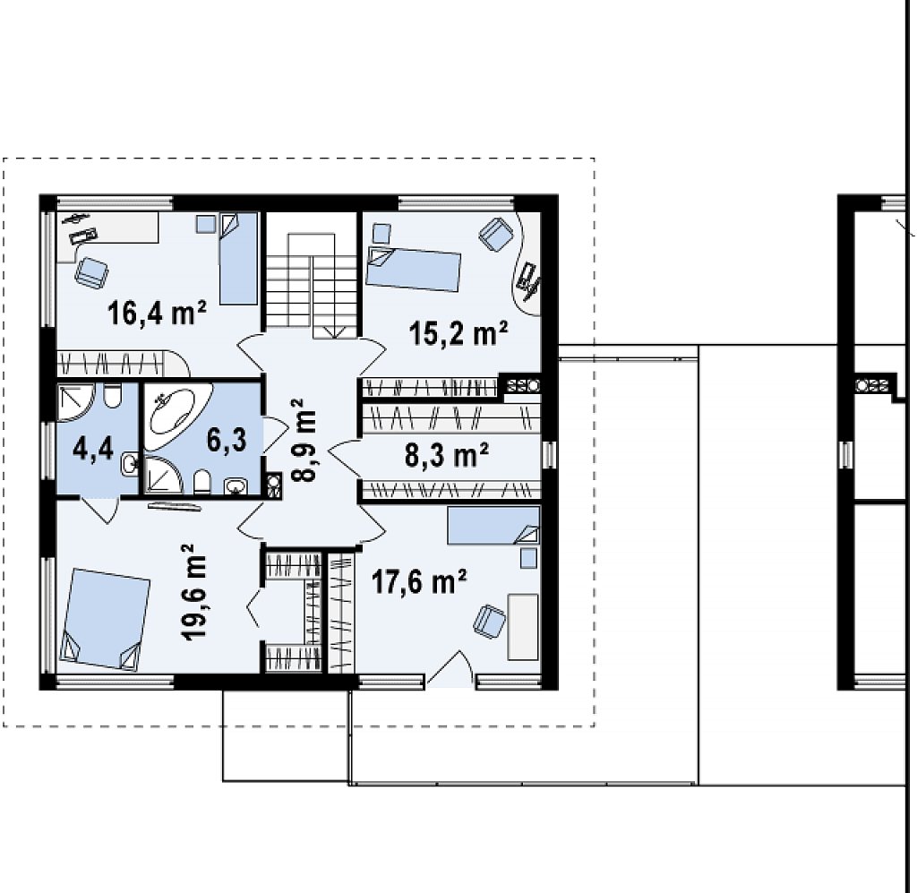 Проект просторного двухэтажного дома для симметричной застройки с террасой над гаражом. план помещений 2