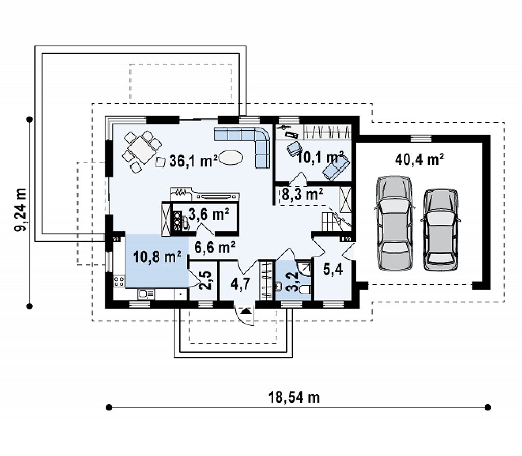 Просторный функциональный дом с гаражом, красивыми мансардными окнами и дополнительной спальней на первом этаже. план помещений 1