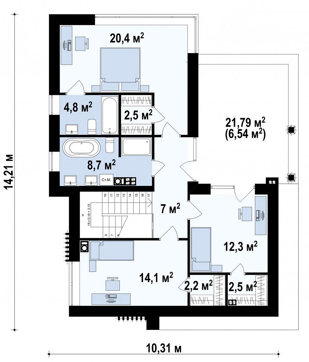 Двухэтажный проект дома для семьи из 4 человек с современным дизайном и навесом для машины план помещений 2