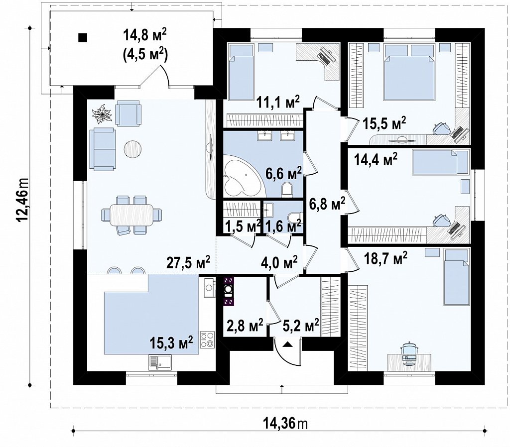 Одноэтажный коттедж с четырьмя спальнями план помещений 1