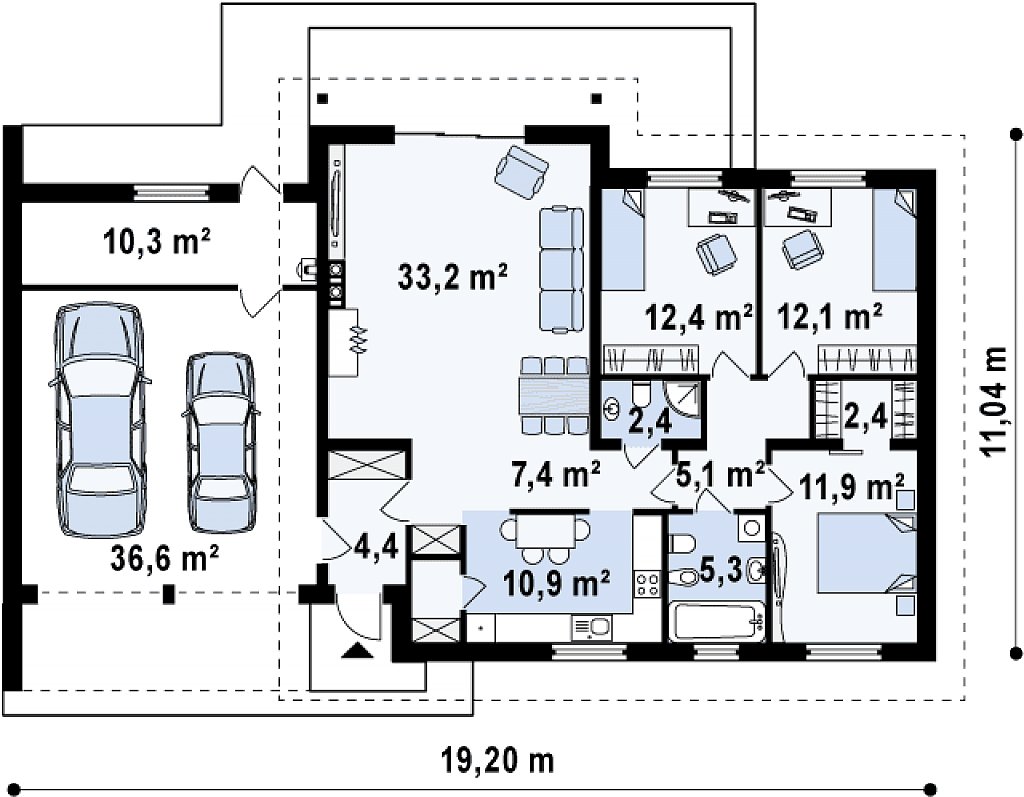 Практичный одноэтажный дом с двускатной крышей, с большим боковым гаражом. план помещений 1