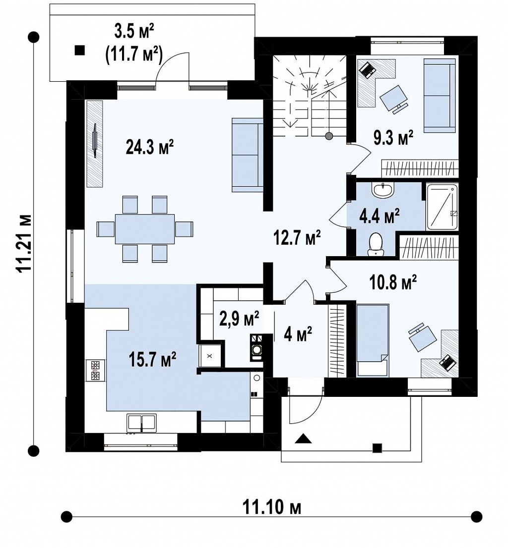 Проект современного двухэтажного дома с двумя комнатами на первом этаже. план помещений 1