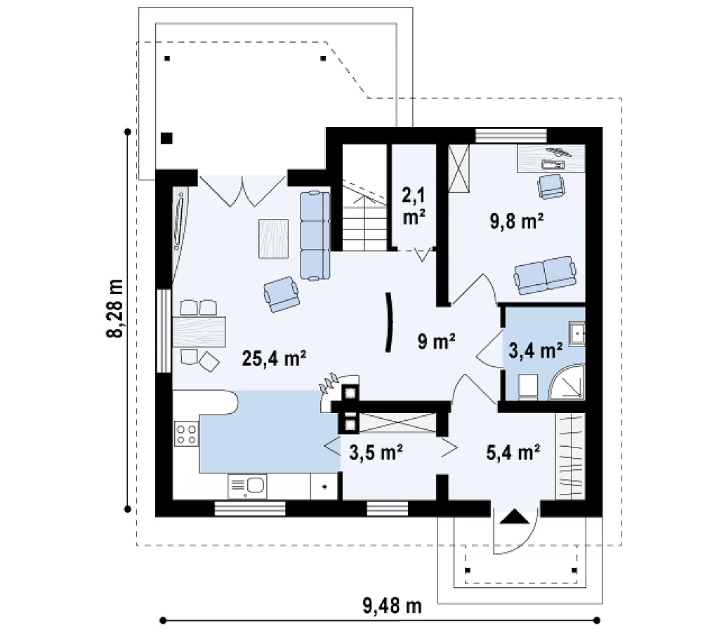 Простой и экономичный дом с мансардой и дополнительной комнатой на первом этаже. план помещений 1