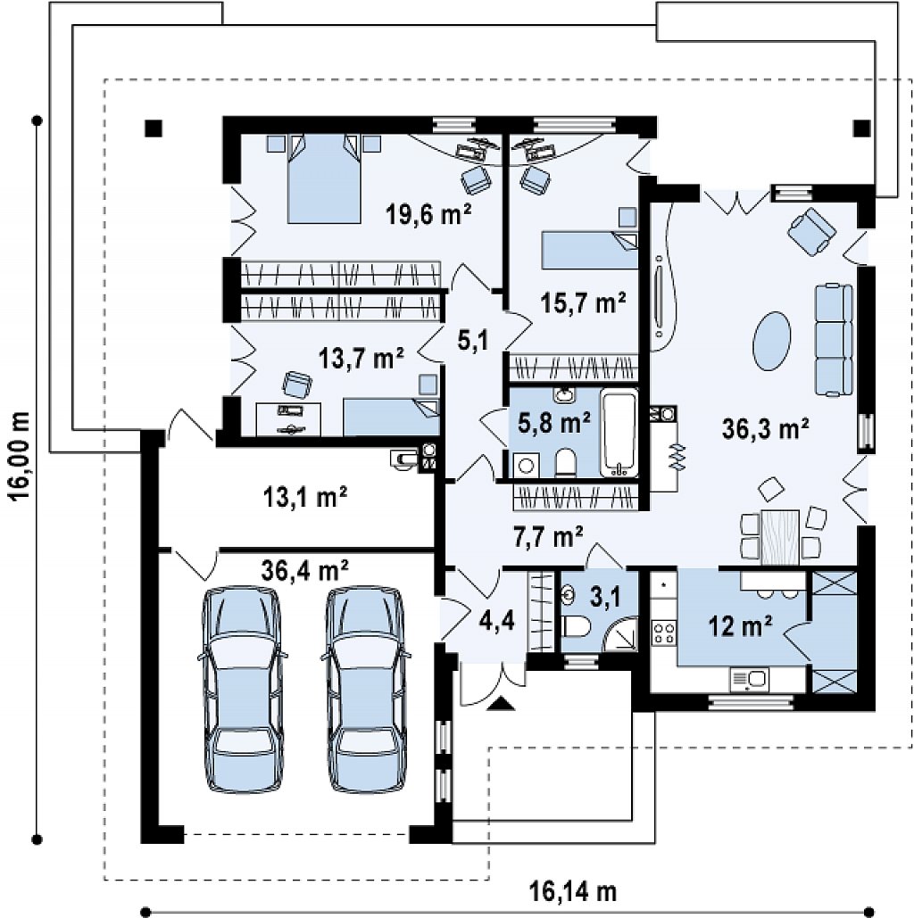 Практичный одноэтажный дом с гаражом для двух автомобилей и большим хозяйственным помещением. план помещений 1
