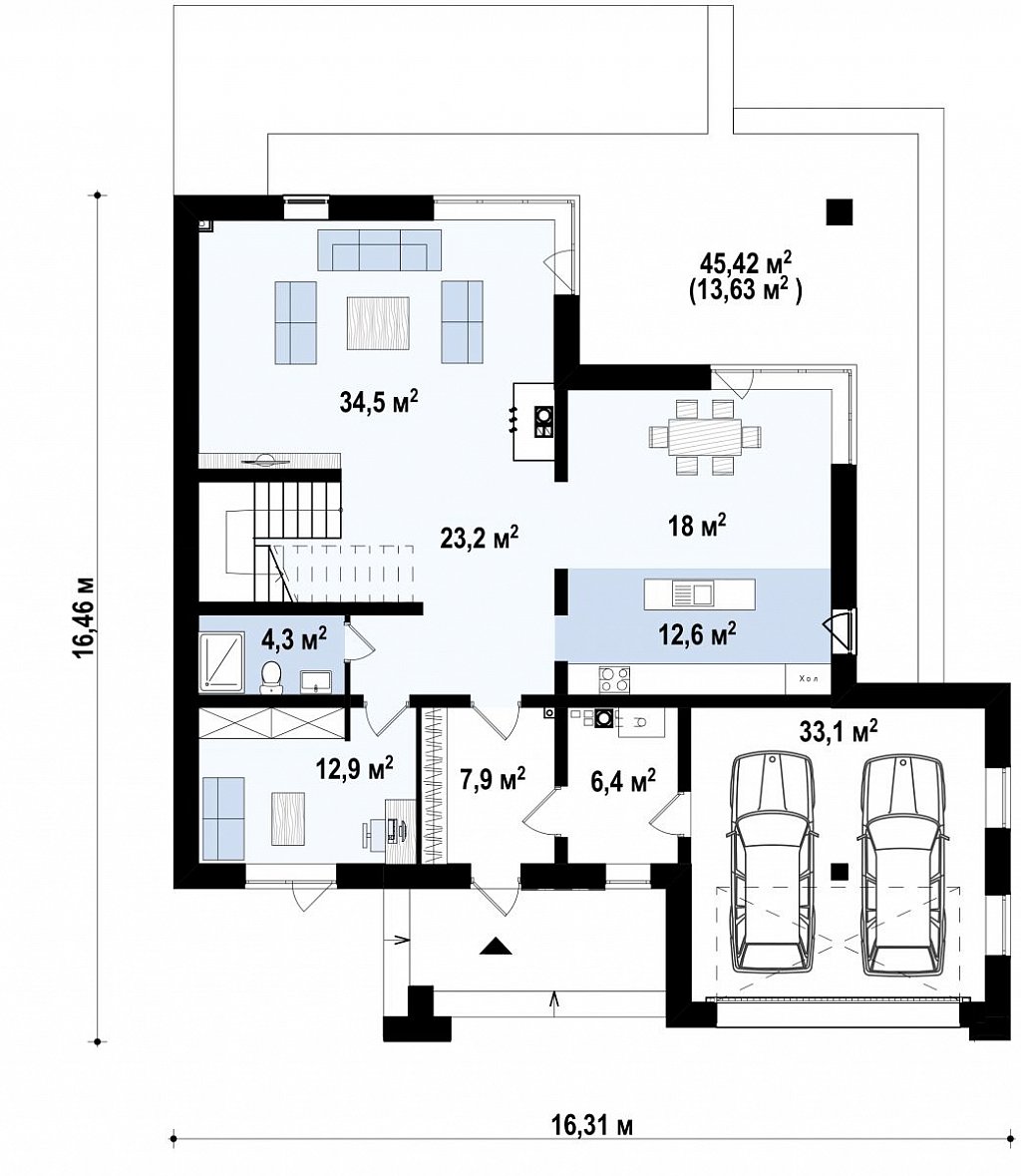 Проект комфортабельного двухэтажного коттеджа современного дизайна план помещений 1