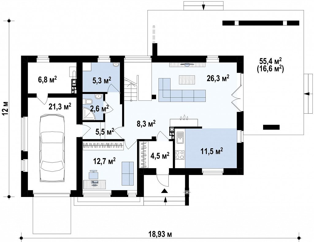 Современный двухэтажный дом простой формы с террасой на втором этаже. план помещений 1