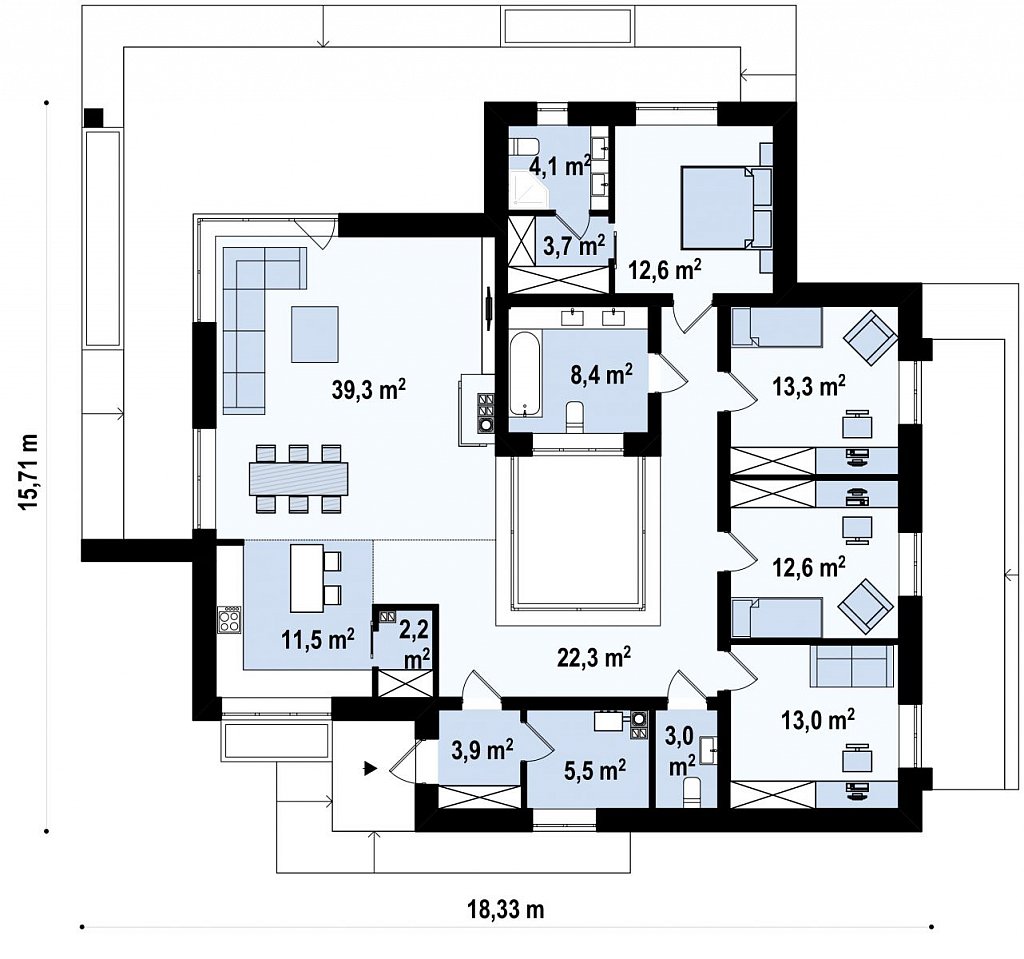 Современный одноэтажный дом с 3 спальнями и внутренним двориком план помещений 1