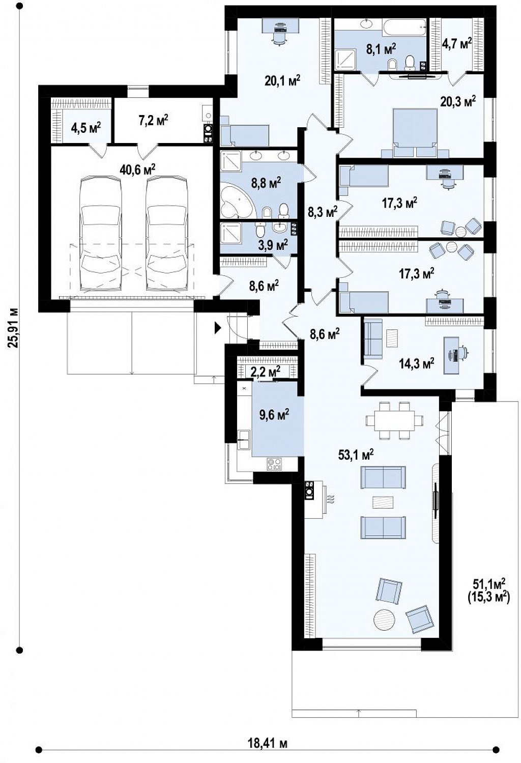 Увеличенная версия Z402 одноэтажный дом с гаражом на два автомобиля план помещений 1