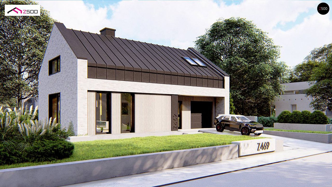 Современный мансардный дом с двухскатной крышей и гаражом на одно авто - фото 1
