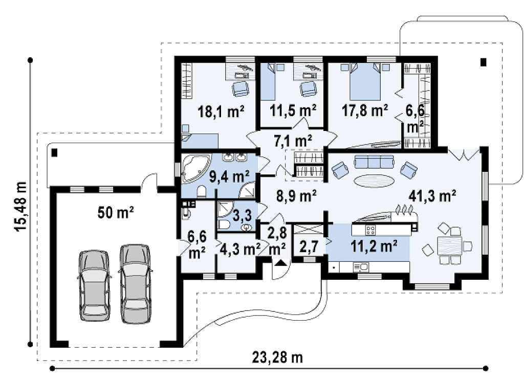 Проект одноэтажного дома с просторной гостиной и гаражом для двух машин. план помещений 1