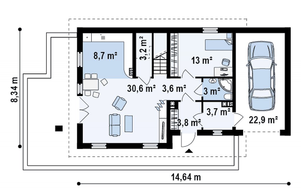 Удобный функциональный дом с террасой над гаражом, с современными элементами архитектуры. план помещений 1