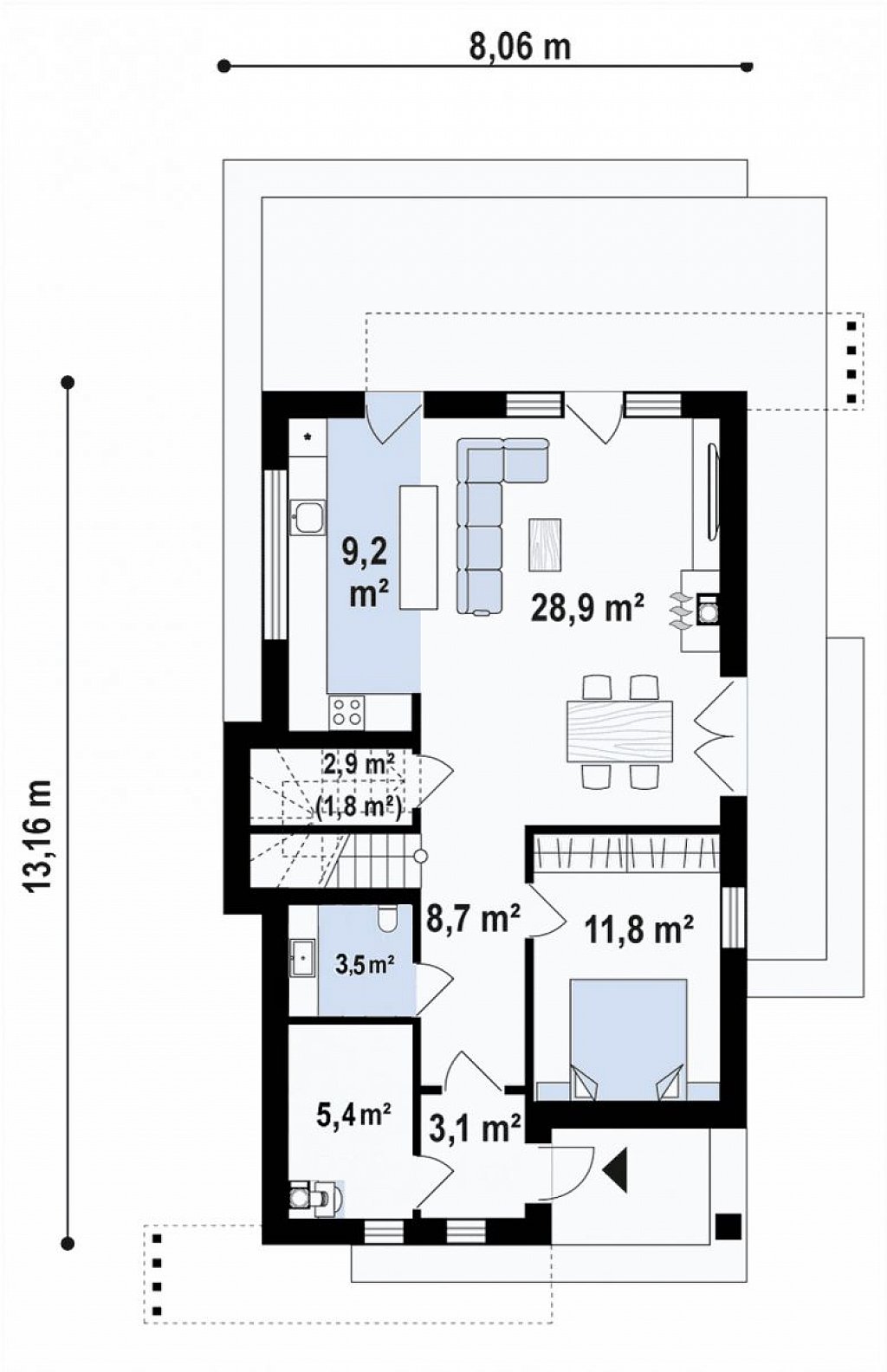 Проект современного мансардного дома компактных размеров со спальней на первом этаже. план помещений 1