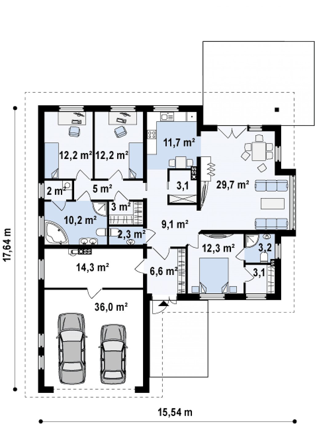 Функциональный одноэтажный дом с фронтальным гаражом для двух авто, большим хозяйственным помещением, с кухней со стороны сада. план помещений 1