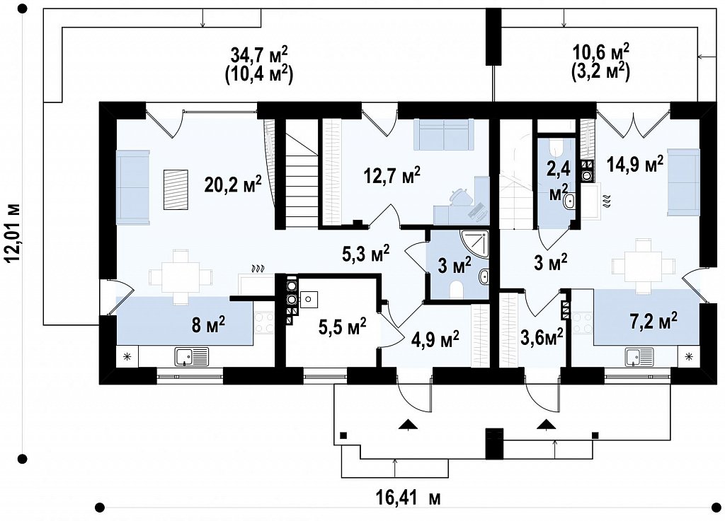 Простой и функциональный двухсемейный дом с отдельными входами. план помещений 1