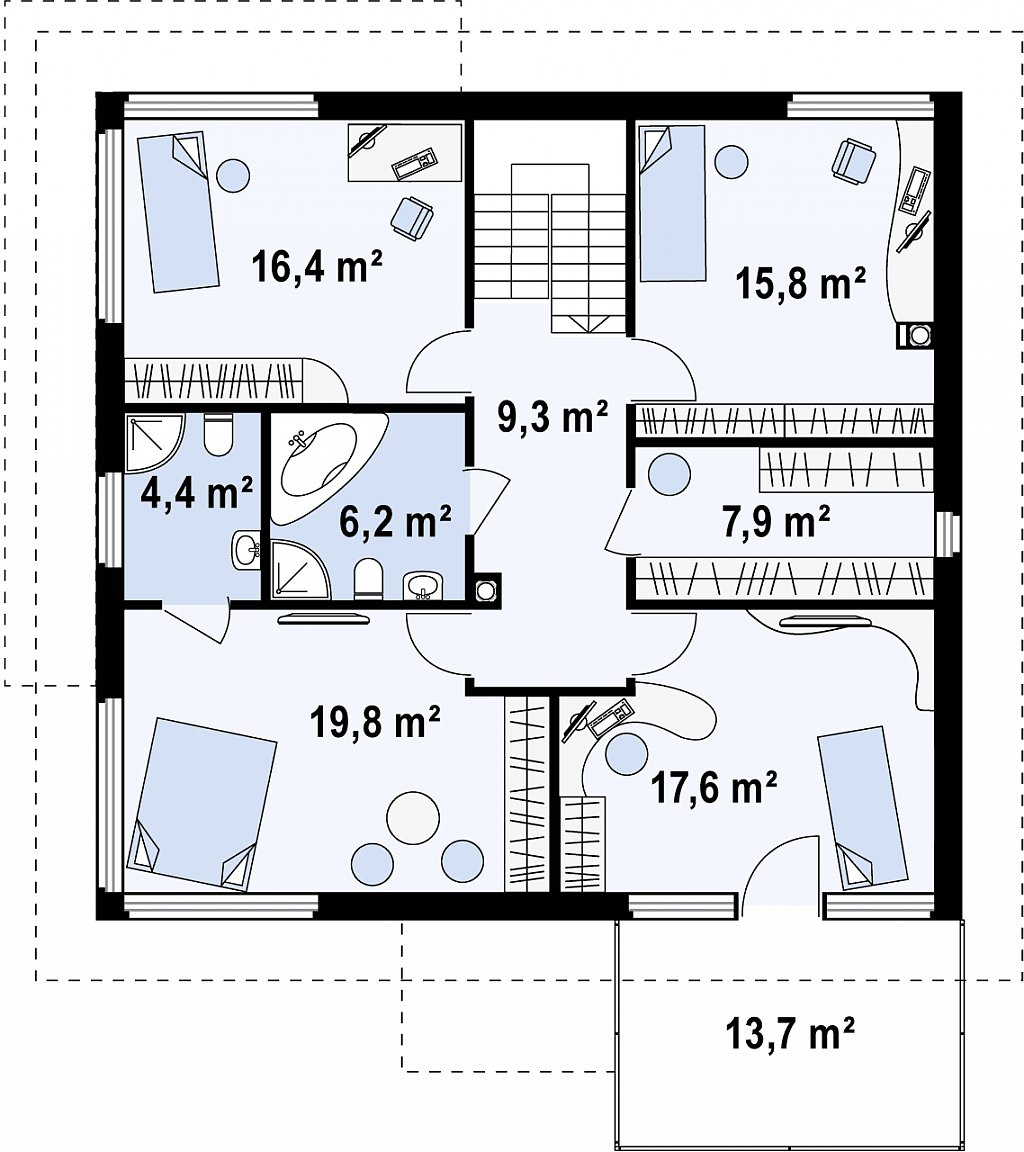 Просторный двухэтажный дом с удлиненным гаражом для двух автомобилей. план помещений 2