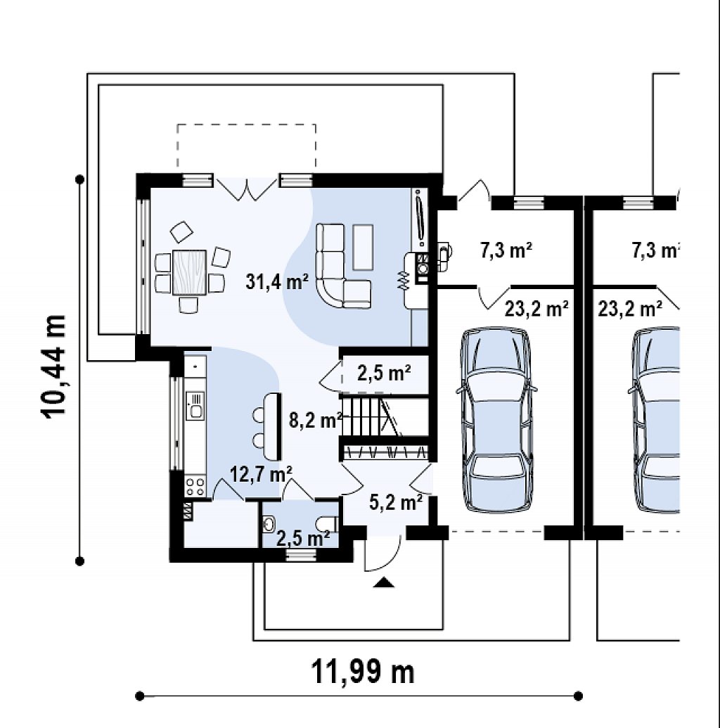 Простой и удобный дом для симметричной застройки с боковым гаражом. план помещений 1