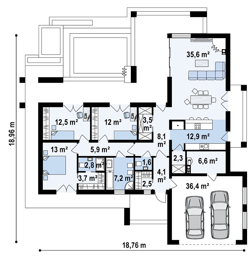 Современный одноэтажный дом с двойным гаражом и плоской крышей план помещений 1