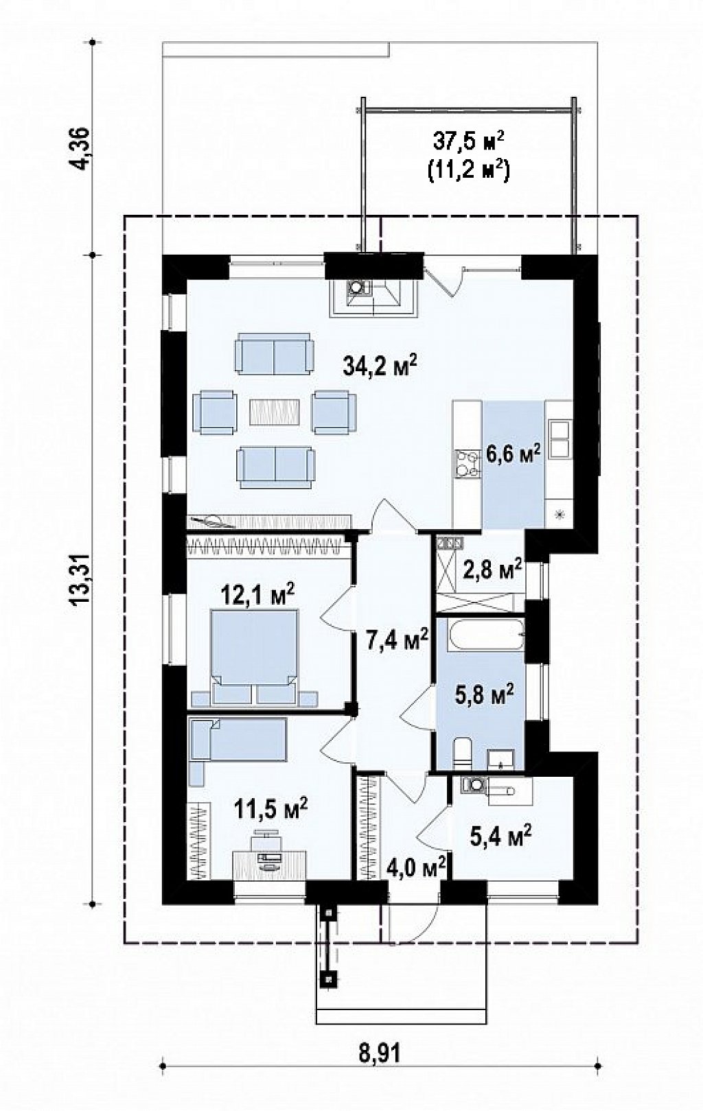 Компактный одноэтажный дом, подходящий и для постоянного проживания, и для сезонного план помещений 1