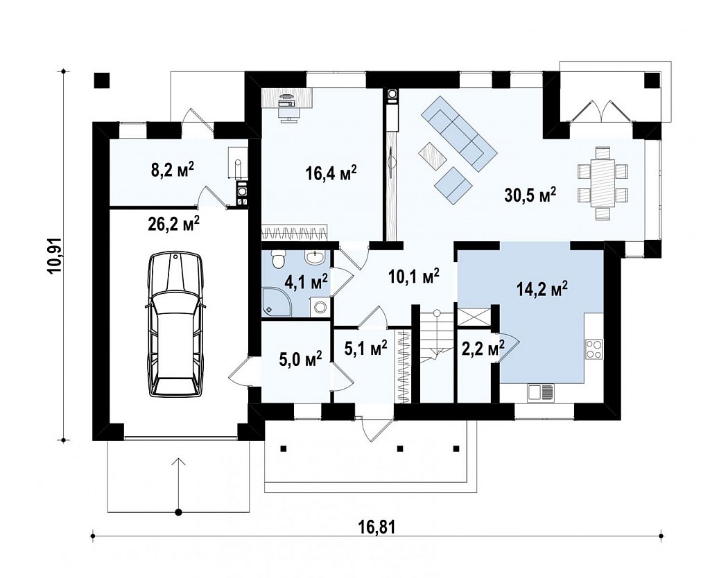 Комфортабельный двухэтажный дом традиционной формы с гаражом. план помещений 1