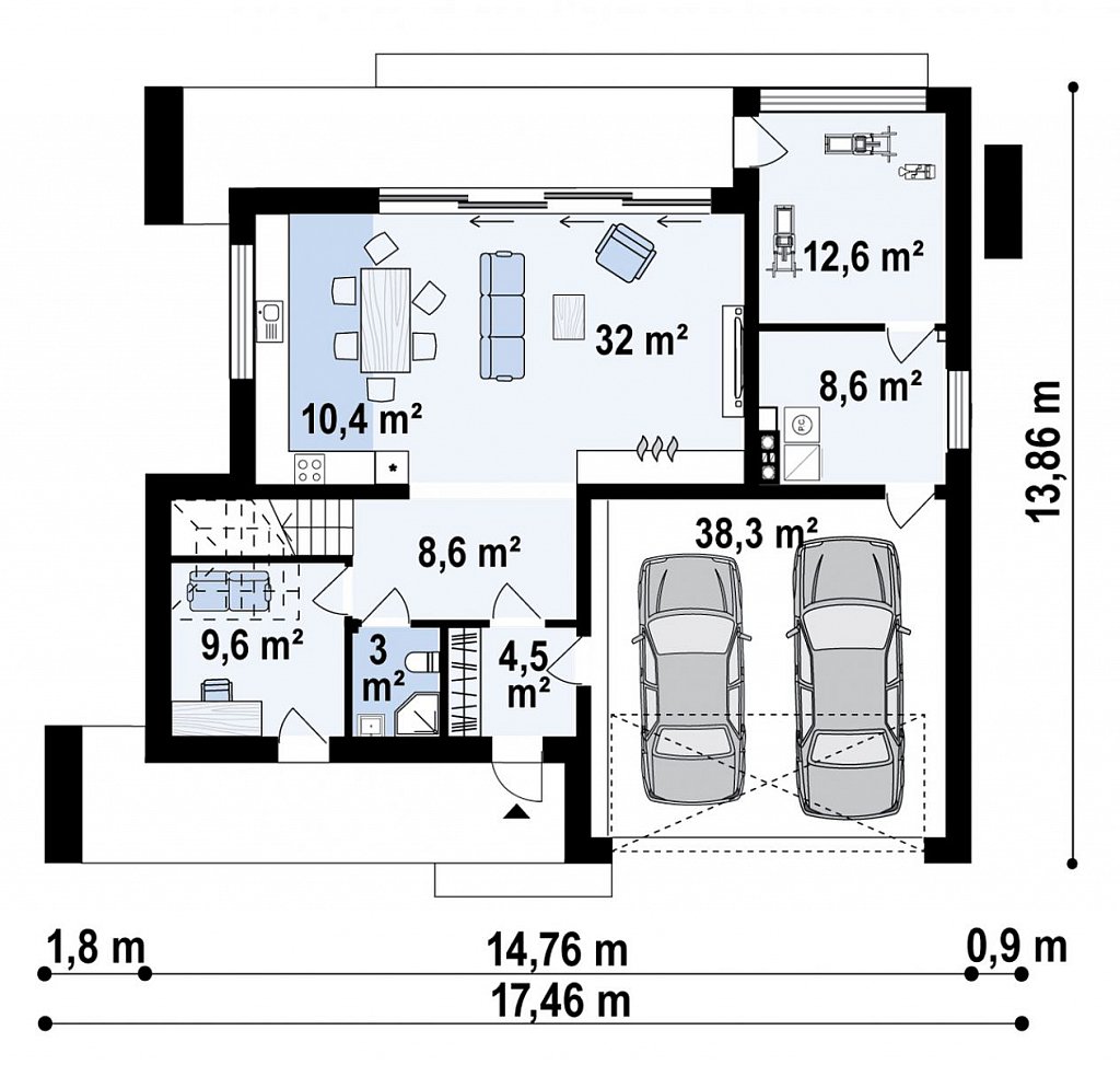 Современный двухэтажный дом с плоской крышей и гаражом на 2 машины. план помещений 1
