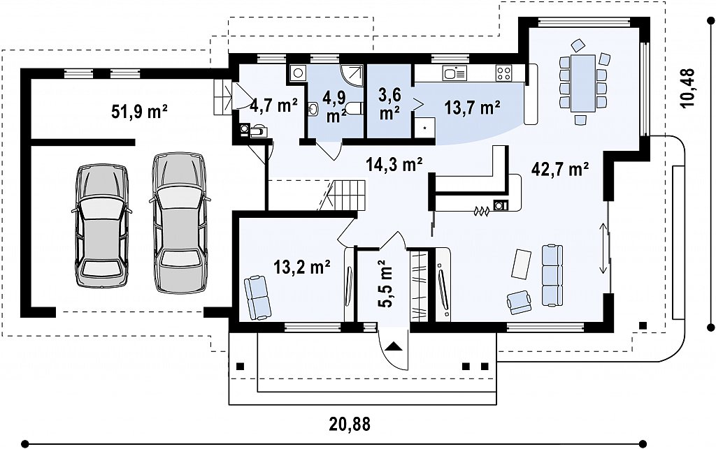 Просторный и функциональный двухэтажный дом с многоскатной кровлей и гаражом. план помещений 1