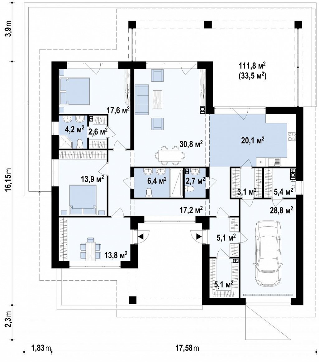Одноэтажный дом с просторной гостиной и открытой кухней план помещений 1