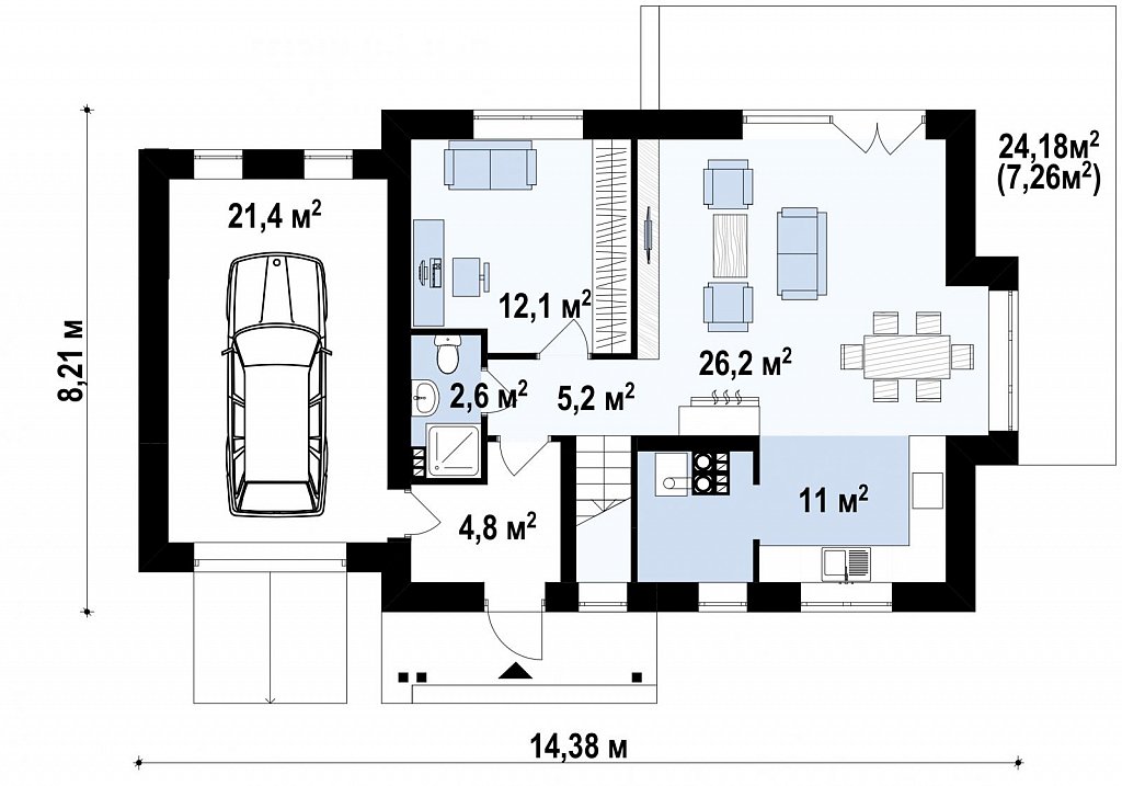 Мансардный домик с гаражом и тремя спальнями план помещений 1