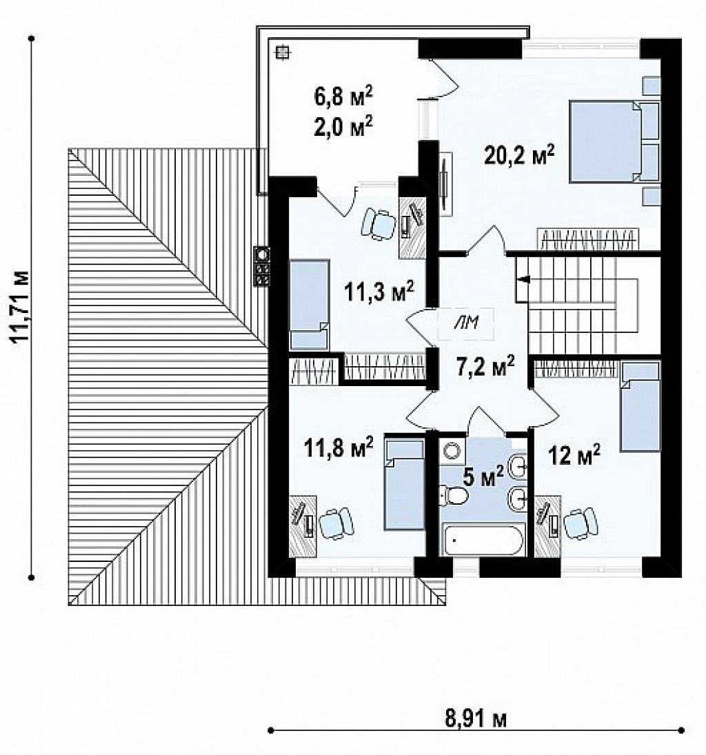 Вариант двухэтажного дома Zx24 с плитами перекрытия план помещений 2