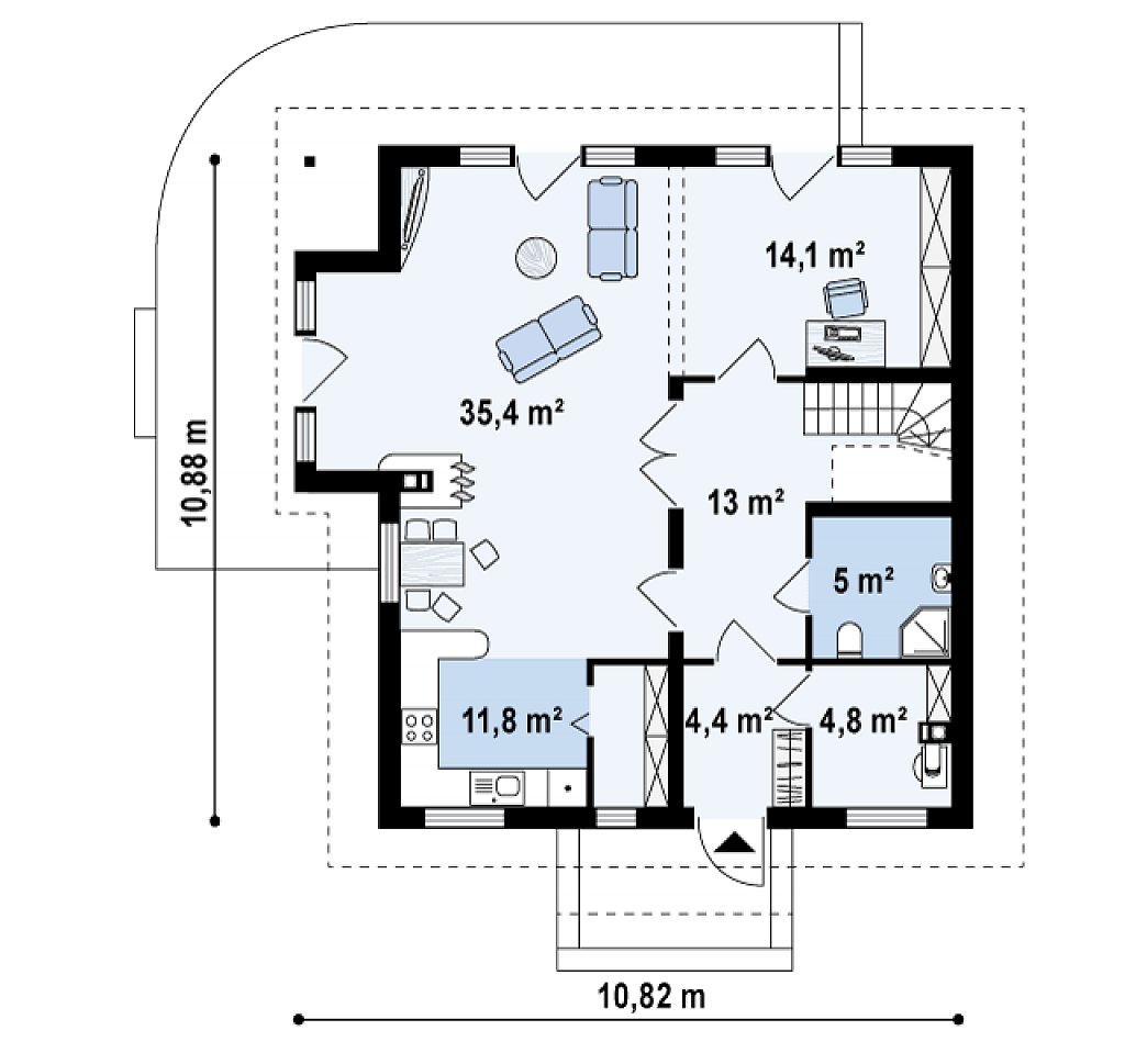 Экономичный в строительстве дом с дополнительной спальней на первом этаже. план помещений 1