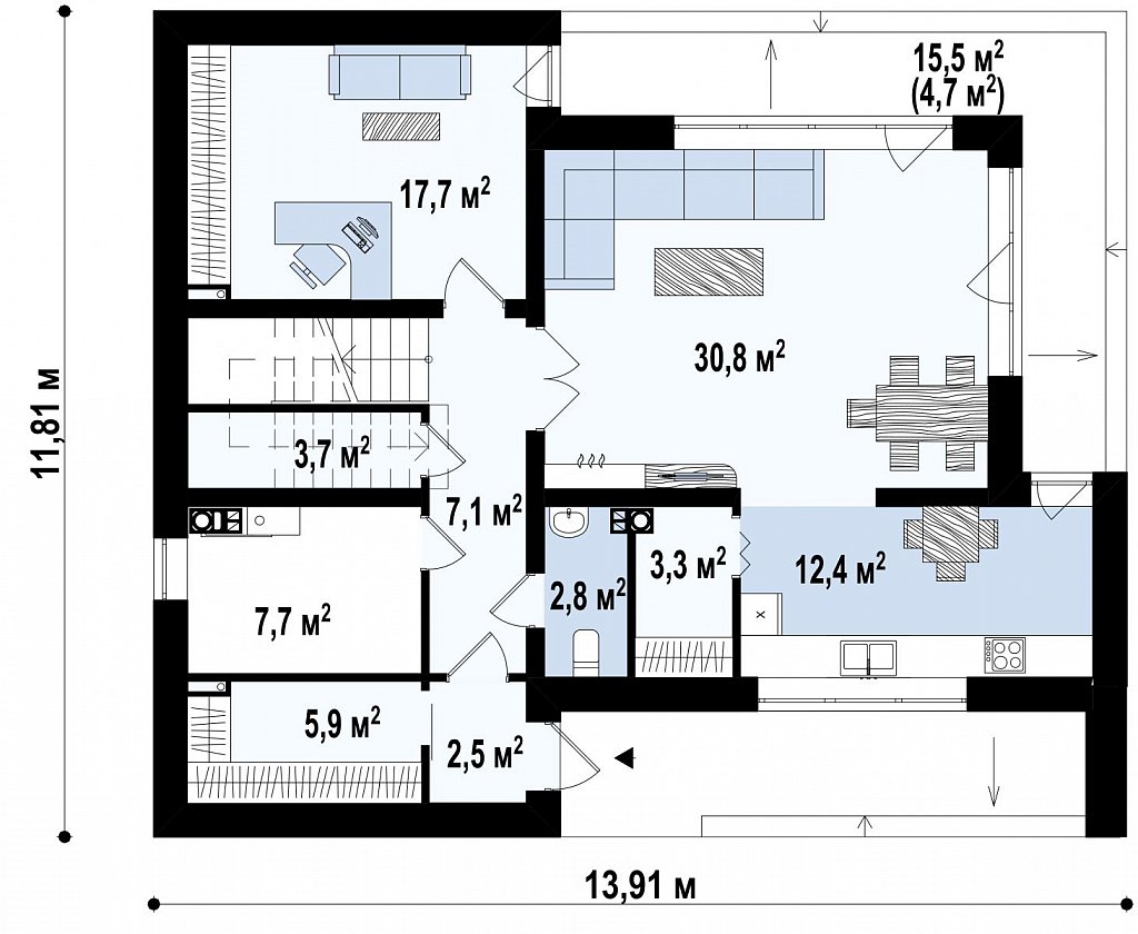 Современный дом для одной семьи простой формы план помещений 1