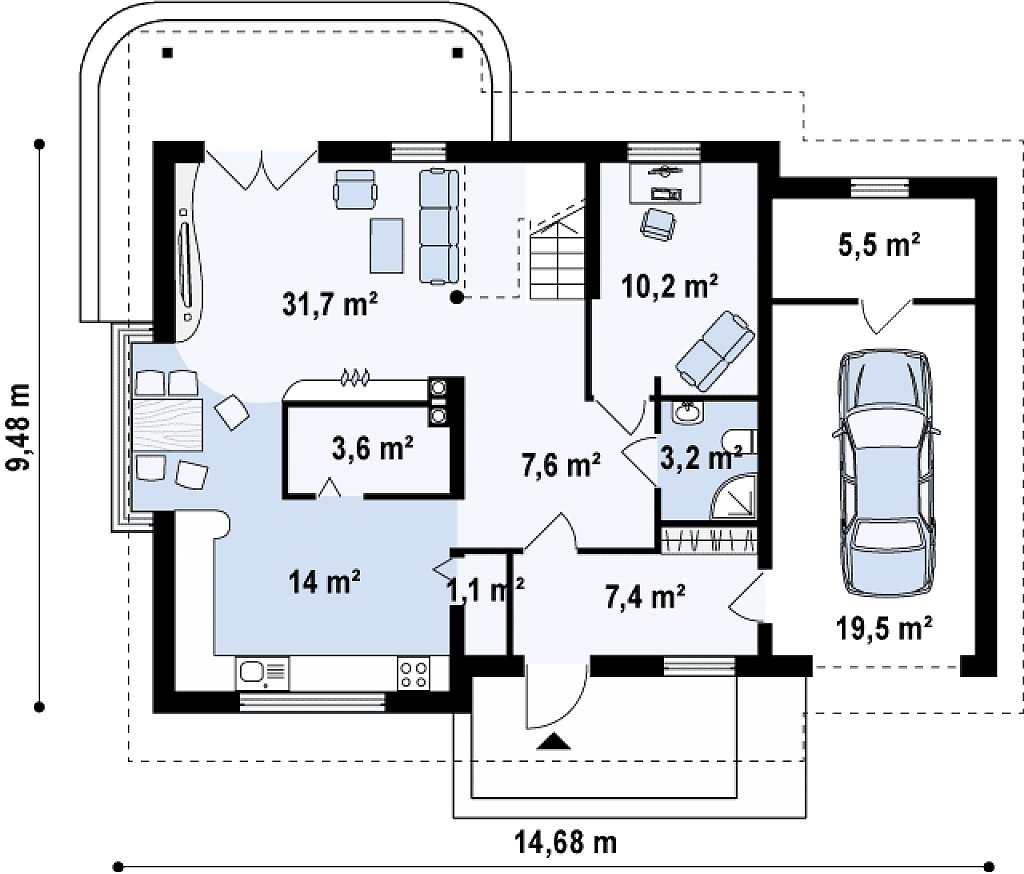Выгодный в строительстве и эксплуатации дом с дополнительной спальней на первом этаже. план помещений 1