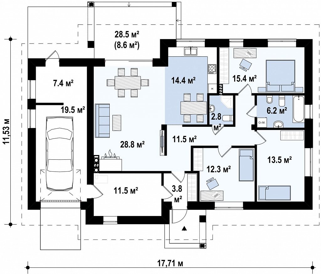 Проект одноэтажного дома с двускатной кровлей, с тремя спальнями и гаражом. план помещений 1