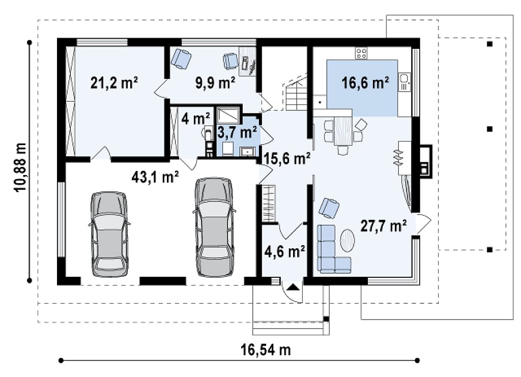 Версия проекта двухэтажного дома Zx2 c увеличенным гаражом план помещений 1