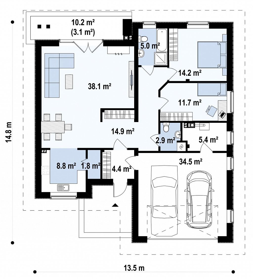 Практичный одноэтажный дом с большим гаражом, просторной гостиной и двумя спальнями. план помещений 1