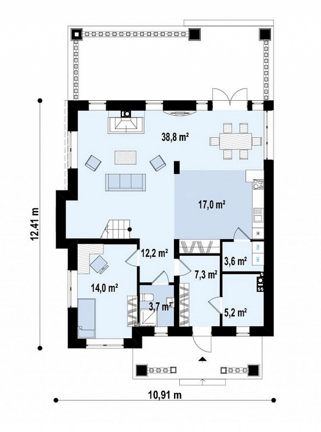 Проект двухэтажного дома в классическом стиле с дополнительной спальней на первом этаже. план помещений 1
