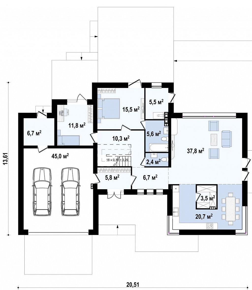 Современный двухэтажный дом с гаражом и террасой, спальней на первом этаже и ванной комнатой план помещений 1