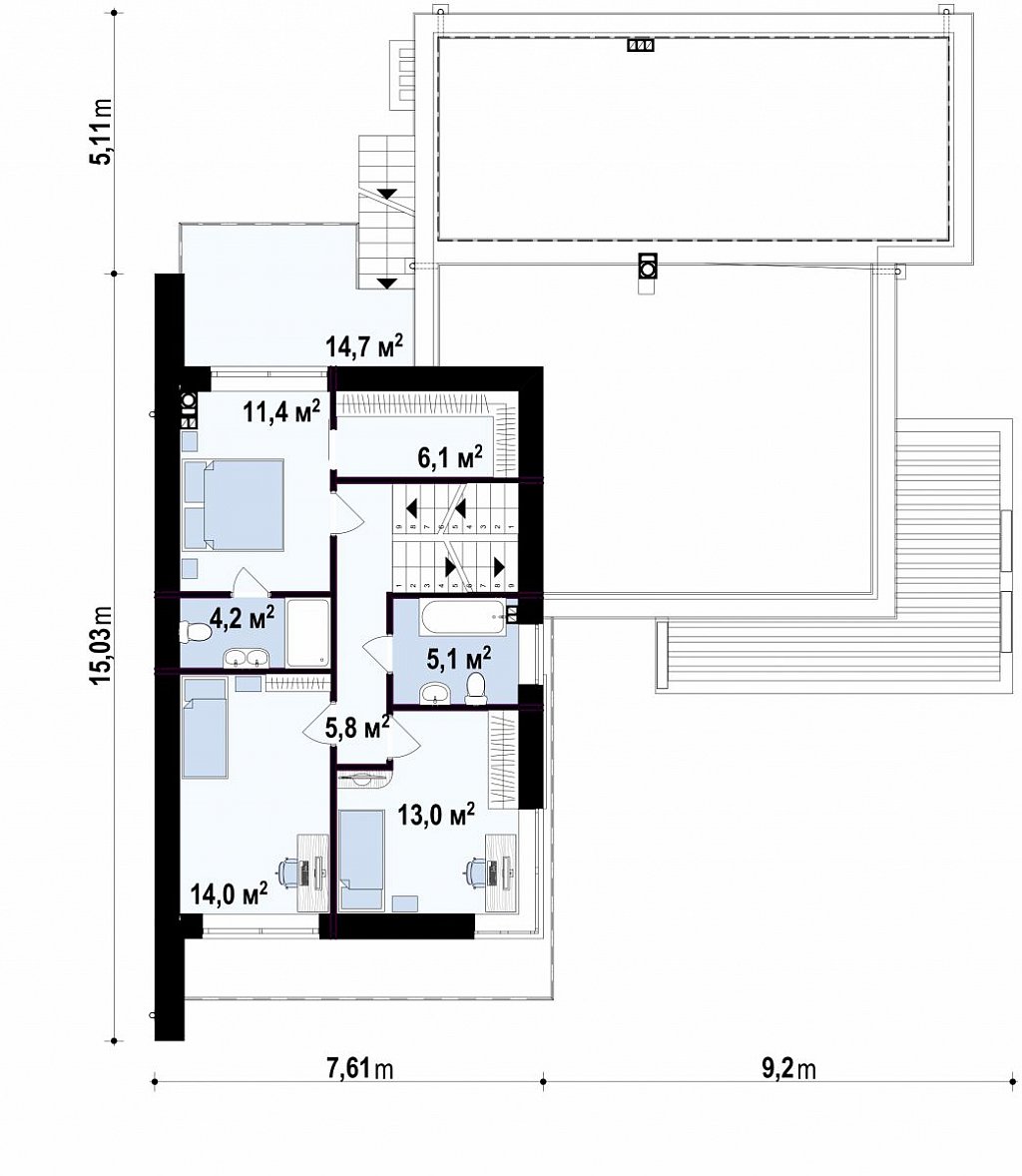 Проект современного двухэтажного дома с большой площадью. остекления. план помещений 2