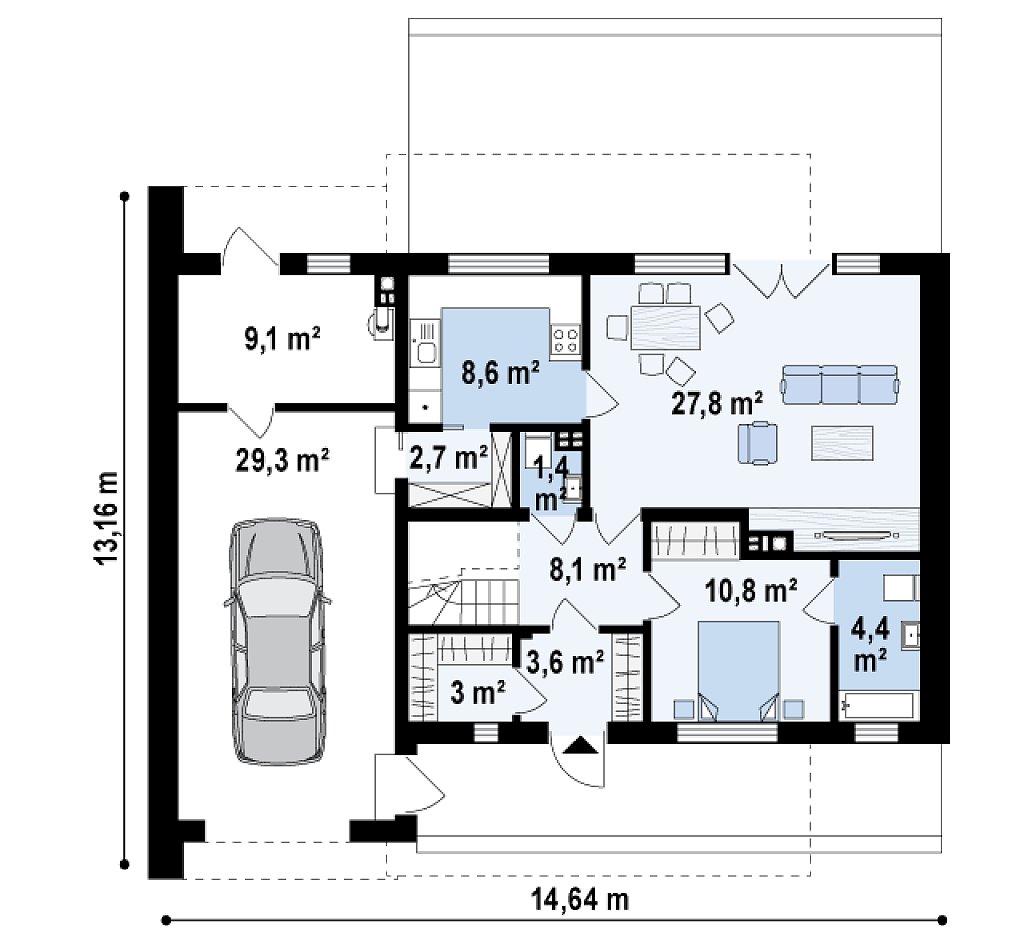Современный двухэтажный дом с гаражом на 1 машину и террасой план помещений 1