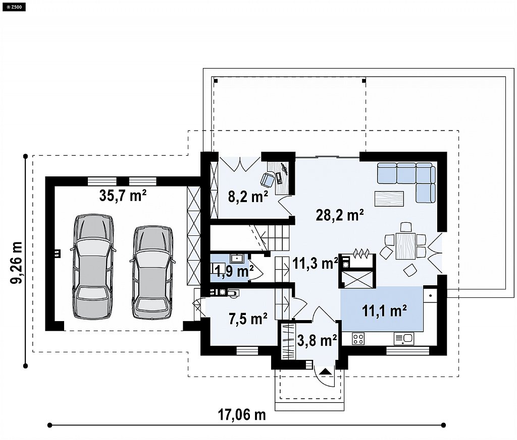Аккуратный мансардный дом с гаражом для двух автомобилей план помещений 1