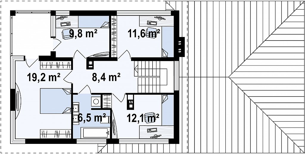 Двухэтажный дом с низкой кровлей с двухместным гаражом план помещений 2