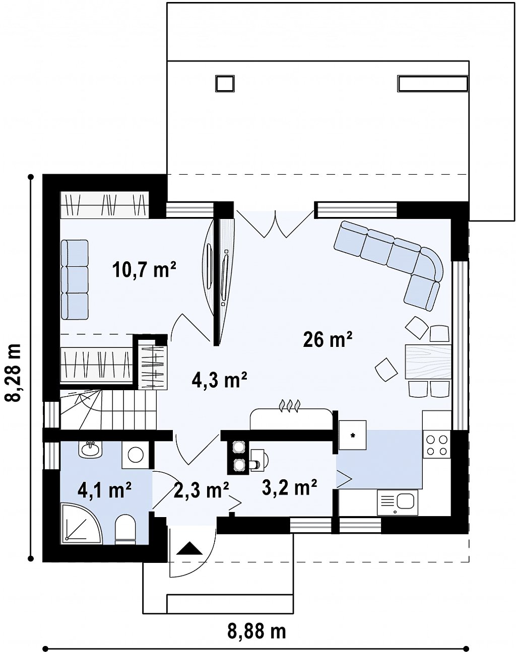 Компактный стильный дом простой формы с большой площадью остекления в дневной зоне. план помещений 1