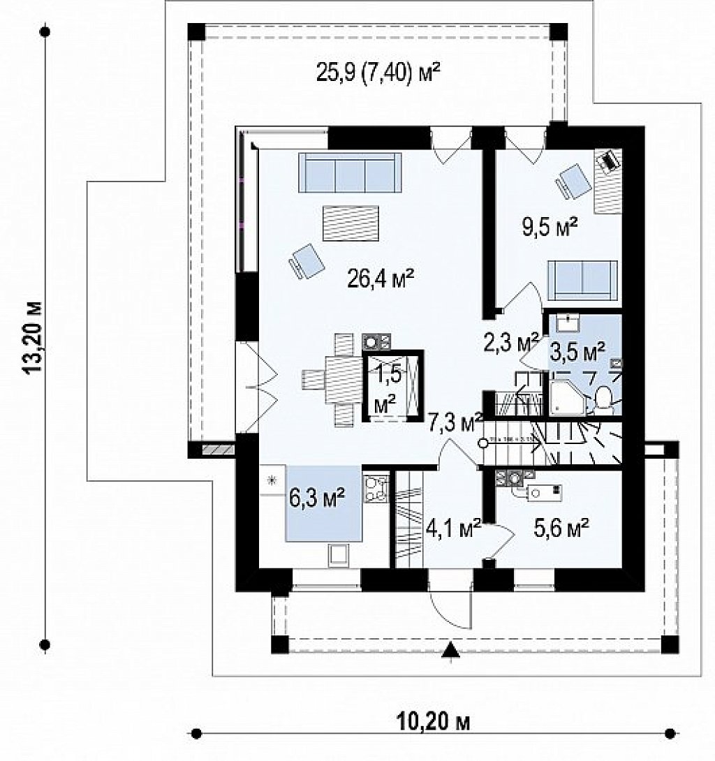 Вариант двухэтажного дома Zx92 с плоской кровлей с плитами перекрытия план помещений 1