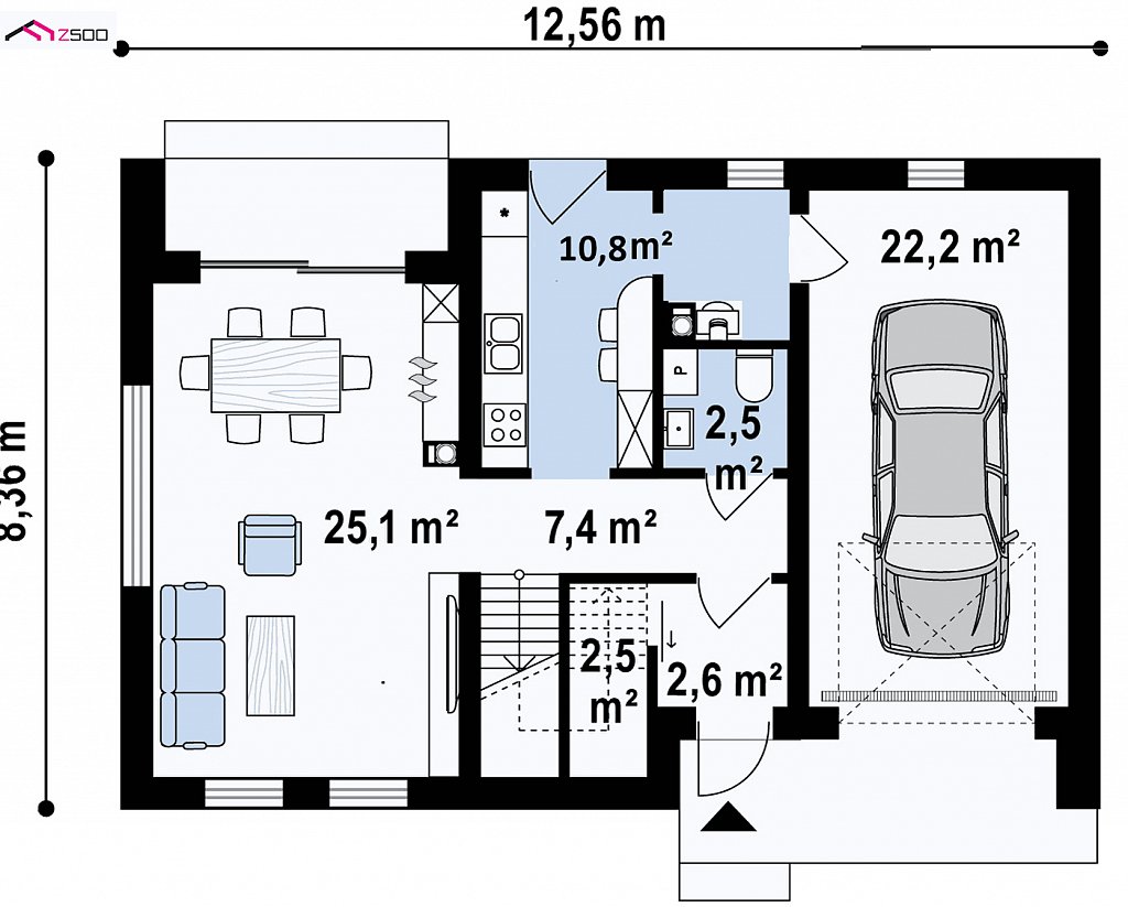 Современный мансардный дом с двухскатной крышей и гаражом на одно авто план помещений 1