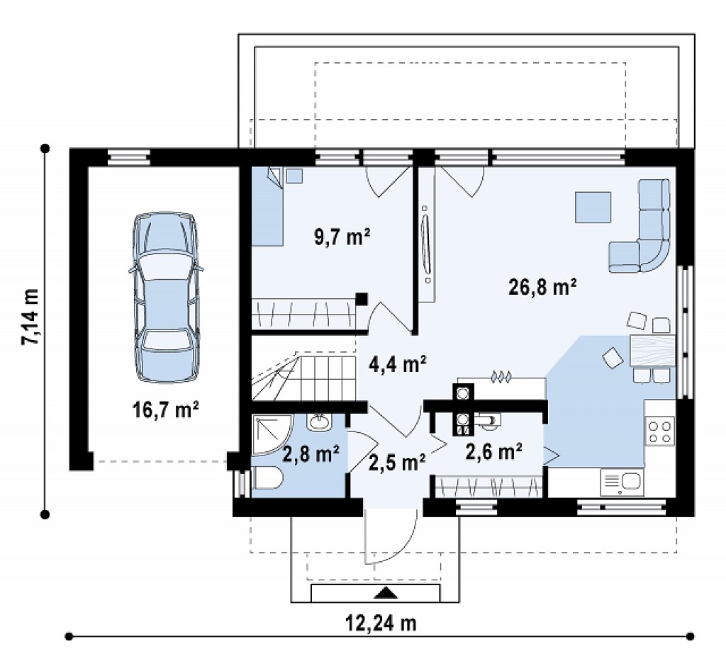Компактный дом с гаражом для одной машины, с большими окнами в гостиной. план помещений 1