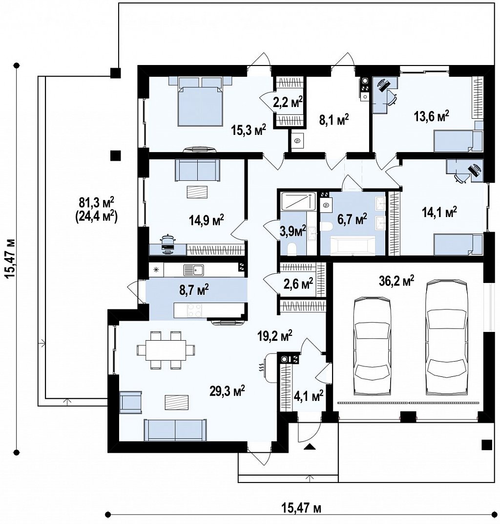 Практичный одноэтажный дом с четырьмя спальнями и гаражом. план помещений 1