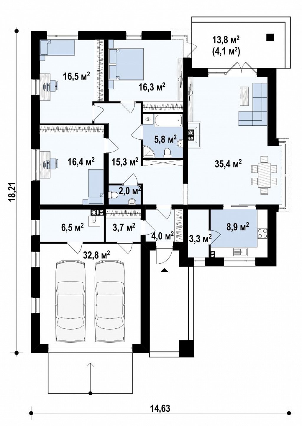 Удобный одноэтажный дом с гаражом для двух автомобилей, с большой площадью остекления в дневной зоне. план помещений 1