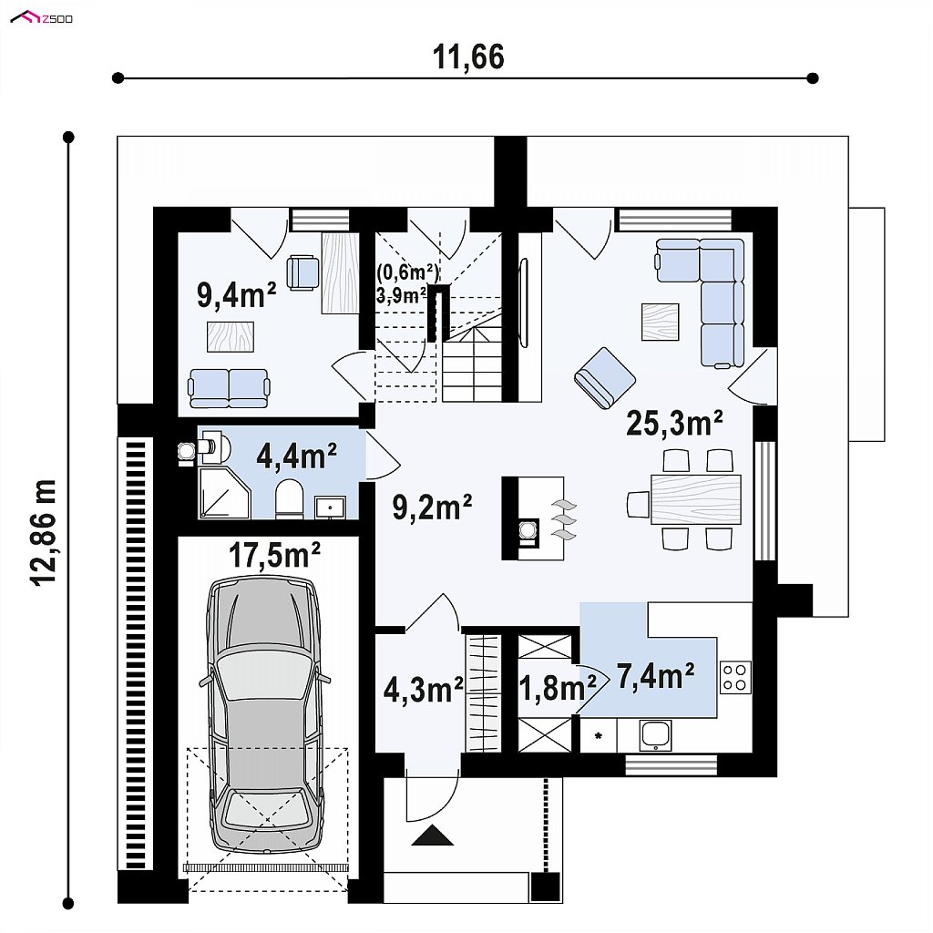 Современный двухуровневый дом с гаражом на одно авто и террасой на первом этаже план помещений 1