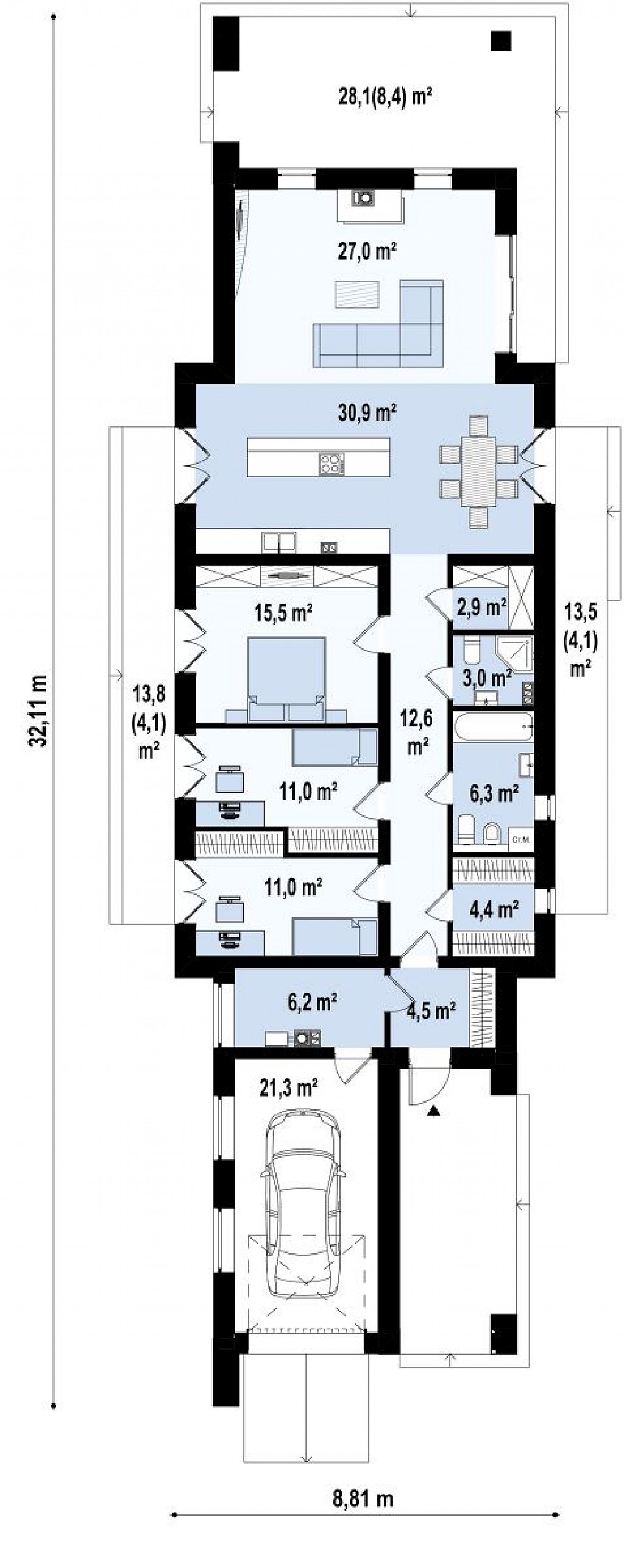Комфортный одноэтажный дом для узкого участка. план помещений 1