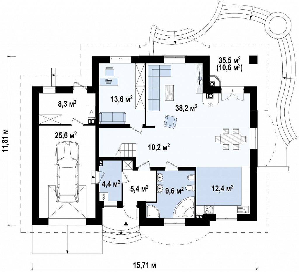 Версия проекта Z18 со встроенным гаражом с левой стороны дома план помещений 1