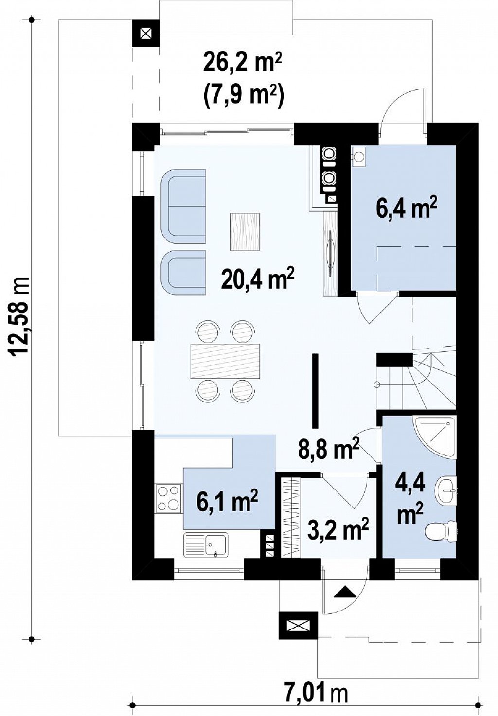 Небольшой двухэтажный дом с современными архитектурными элементами, подходящий для узкого участка. план помещений 1